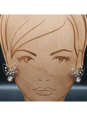 Vintage Vendome Silver-Tone Clip-On Earrings With Faux Pearls & Rhinestones Flor